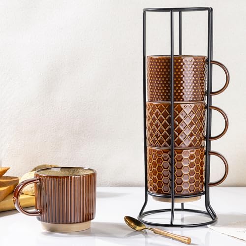 GBhome 12 OZ Stackable Coffee Mugs Set of 4, Ceramic Coffee Cups Set | Coffee Mugs With Stand, Dishwasher&Microwave Safe, 4 Assorted Designs - color: Caramel, size: 12oz (With Stand)
