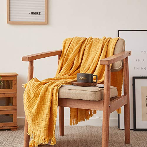 Simple&Opulence Cotton Muslin Throw Blanket for Bed, Couch, Knit Woven Gauze Blanket with Tassels, Soft Lightweight Cozy Pre-Washed Breathable Farmhouse Decoration for All-Season (Yellow) - color: Yellow