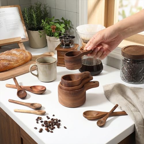10-Piece Wooden Measuring Cups and Spoons Set, Handcrafted Acacia Wooden Measuring Cups - Solid Acacia Wood, Laser Engraved, Wood Rustic Kitchen Accessories for Baking, Cooking