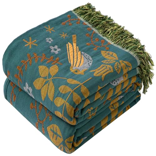 Phuryllic Boho Throw Blanket Throw Size, Soft Cozy Cotton Muslin Quilt Blanket for Bed Decor, Bird Patterned Couch Sofa Chair Cover, Vintage Farmhouse Cottage Tapestry Woven Blanket, Green&Beige - color: Spring Finch, size: 50" x 60"