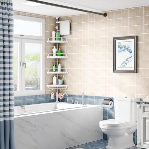 Corner Shower Caddy Tension Pole: Rust Proof 4Tier Shampoo Storage Organizer for Inside Shower - Telescoping Rod Shower Rack for Bathroom and Bathtub - Restroom Floor Standing Bath Rack Holder