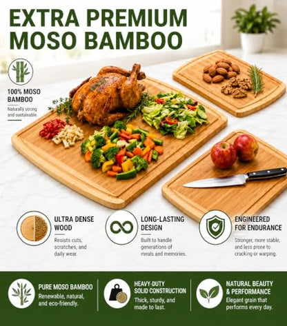 INDESTRUCTIBLE Extra Large Bamboo Cutting Board Set of 3 with Vertical Grain Strength Technology - XL Wood Cutting Boards for Kitchen and Lightweight Chopping Board Set - Replacements for Life - color: Two-Tone