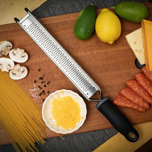 3-in-1 Lemon Zester & Cheese Grater, 304 Stainless Steel, 15-Inch, Black | Three Blade Surfaces for Fine Zesting, Coarse Grating and Slicing, 304 Stainless Steel, Non-slip TPE Handle, Dishwasher Safe - color: L-Black