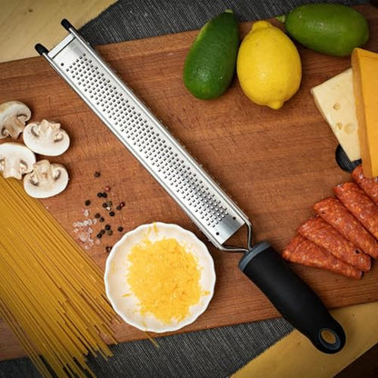3-in-1 Lemon Zester & Cheese Grater, 304 Stainless Steel, 15-Inch, Black | Three Blade Surfaces for Fine Zesting, Coarse Grating and Slicing, 304 Stainless Steel, Non-slip TPE Handle, Dishwasher Safe - color: L-Black