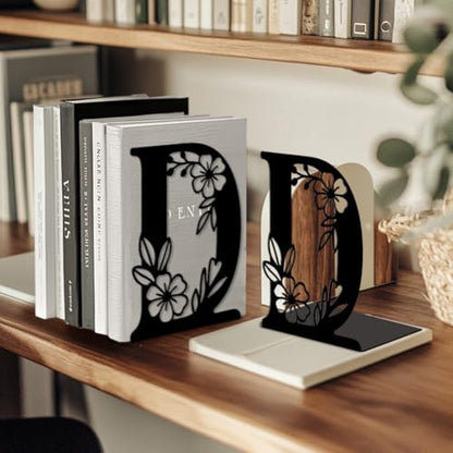 5.3"x4.3"x7.1" Metal Bookends, Heavy Duty Book Ends for Shelves | Letter D with Flowers Theme Cast Iron Book Supports, 1 Pair Decor Stoppers for Desk, Library, Office & Home Shelves - style: Letter D with Flower