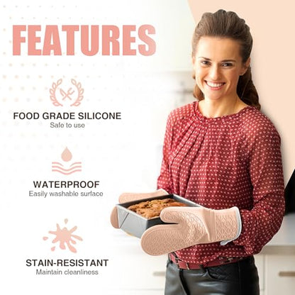 Silicone Oven Mitts, Heat Resistant 2PCS Oven Mitts with Soft Cotton Lining, Waterproof Non-Slip Grip Oven Glove, Kitchen Potholder Mits for BBQ, Baking, Cooking, 12.5 Inch - Pink - color: Pink