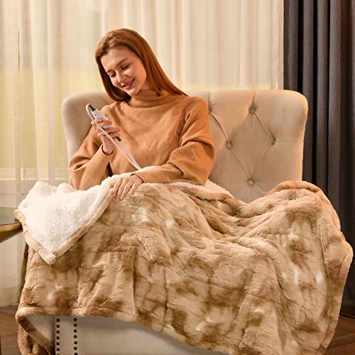 Bearhug Electric Blanket Throw Size, 50" x 60" Heated Blanket with 6 Heating Levels & 4H Auto Shut-Off, Machine Washable Soft Velvet to Sherpa Reversible Heated Throw for Office, Couch and Sofa - color: Champagne-faux Fur & Sherpa, size: Throw 50" × 60"
