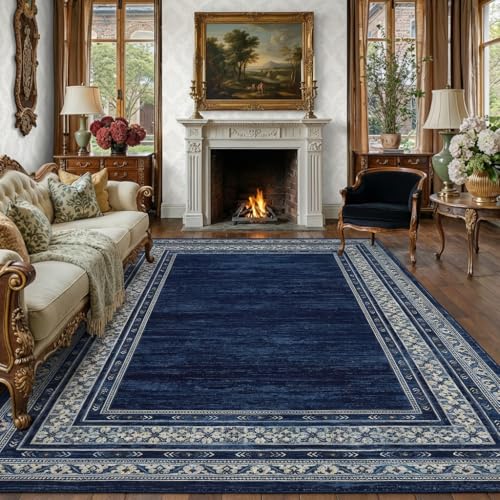 Neutral Rugs for Living Room 9x12 Washable Non Slip Modern Solid Area Rug, Stain Resistant Bordered Soft Carpet, Neutral Foldable Floor Rugs for Bedroom, Dining Room, Nursery, Blue | Non Slip Low Pile Stain Resistant Bordered Foldable Soft Textured Solid