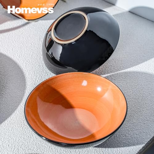 HomeVss Sonoma 16 Piece Stoneware Dinner Set, Outside Black + Inside Handpainted Color Orange with speckle - color: Orange