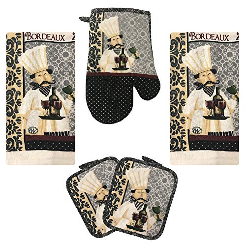 Kitchen Towel 5 Piece Linen Set 2 Towels 2 Pot Holders 1 Oven Mitt (Chef) - color: Chef