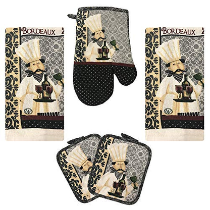 Kitchen Towel 5 Piece Linen Set 2 Towels 2 Pot Holders 1 Oven Mitt (Chef) - color: Chef