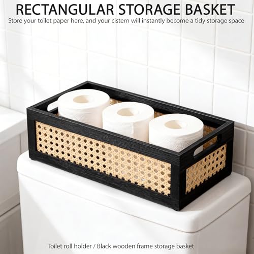 Wood Storage Basket, Small Rattan Storage Box with Handles for Bathroom Kithen Office Desk