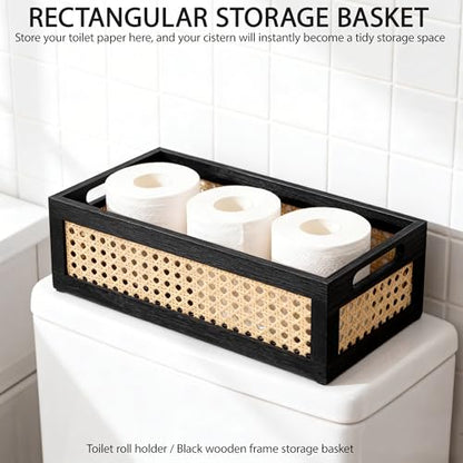 Wood Storage Basket, Small Rattan Storage Box with Handles for Bathroom Kithen Office Desk