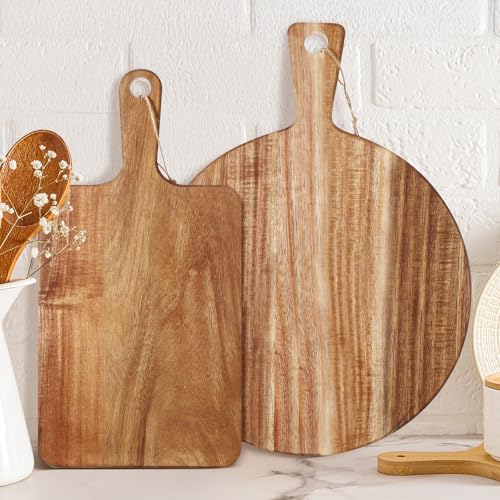 Hsei 2 Pcs Acacia Wood Cutting Boards Charcuterie Board | with Handles, Charcuterie Boards for Cheese, Meat Bread, Steak, Round, Rectangle, Decorative Serving Boards - size: 16x12, 13.7x7.01 inch, style: Vibrant