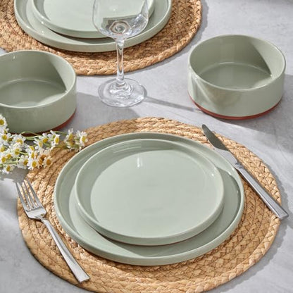 LIANYU Stoneware Dinnerware Sets Service for 8, 24 PCS Plates and Bowls Set | Handmade Ceramic Dish Set, Highly Chip and Crack Resistant Modern Plate Set, Laurel Green - color: Fog Green