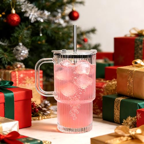 Accguan 6Pack 20oz Ribbed Glass Tumbler with Handle, Straw and Lid | Glass Cup, Reusable lced Coffee Cups with lids for Smoothie,Coffee,Juice,Tea,Travel Mug,Cold & Hot Beverages - size: 20oz with handle-6pcs