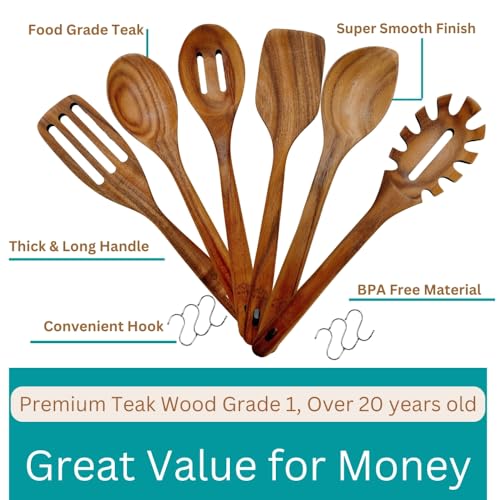 Wooden Utensils for Cooking, Premium Teak Healthy Spoons, Wooden Spoons for Cooking, Durable Eco-Friendly and Safe Teak Cooking Spoon, Cooking Gifts for Mom (set of 6) and Hooks