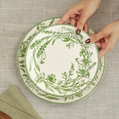 Bico Green Garden Toile De Jouy Salad Plates Set of 4, 8.75 Inch Ceramic Dessert Plates for Salad, Appetizer, Side Dishes, Microwave and Dishwasher Safe, Gift for Housewarming and Thanksgiving - color: Green Garden Toile De Jouy
