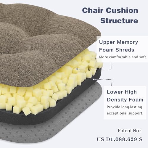 baibu Set of 2 Dining Chair Cushions, Dual-Layer Patent Design Memory Foam Kitchen Chair Cushions, Non-Slip Seat Pads with Ties, 16.5 x 16.5 x 3.5in, 2 Pack, Brown - color: Brown, size: 2 Count (Pack of 1)