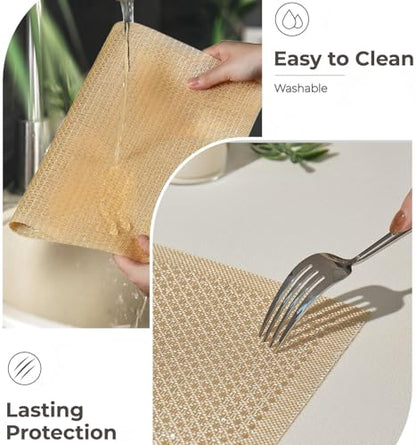 Leetaltree Woven Vinyl Placemats Set of 4, Gold Sequin | Waterproof & Washable Dining Table Mats for Wedding, Anniversary, Daily Use, Hand-Cut, Easy to Clean - color: 00- Gold Sequin, size: Set of 4