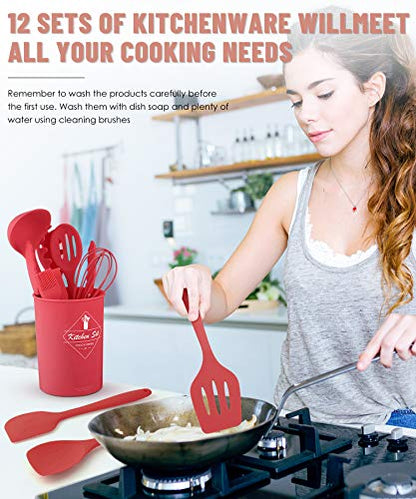 Pranski Kitchen Utensils Set-12 Pieces Silicone Cooking Utensils Set (Dishwasher Safe) 392°F Heat Resistant Spatula Set, Nonstick Cookware | Dishwasher Safe 392°F Heat Resistant Spatula Set Kitchen Utensil Set for Nonstick Cookware,Best Kitchen Tools with