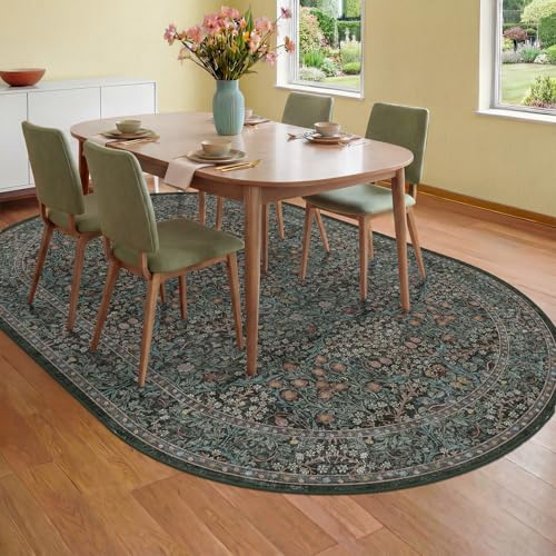 Washable Oval Area Rug 5x8 Dining Room Rug Under Table, Dark Green Floral Rug for Living Room, Bedroom, Office - Vintage Oriental Low Pile Non Slip & Stain Resistant (5x8 Dark Green) - color: Dark Green / Black, size: 5' x 8' (Oval)