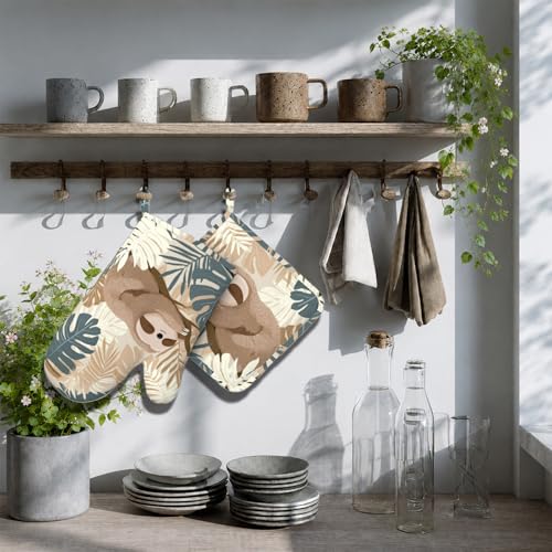 Sloth Boho Palm Leaves Oven Mitt and Pot Holder with Silicone Heat Resistant Kitchen for Cooking BBQ Baking Grilling Cooking Protection - color: Sloth Boho Palm Leaves
