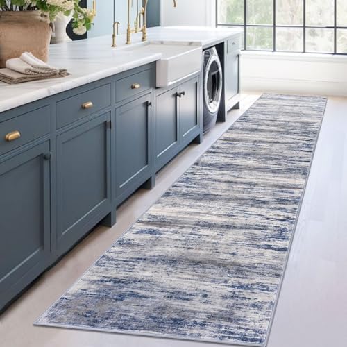 KOZYFLY Modern Abstract Washable Rug Runner 2.6x12 Hallway Rug Runner Non-Slip Soft Kitchen Runner Rugs, Grey-Blue Striped Carpet for Entryway Bathroom Laundry Room Foyer - color: Blue-grey, size: 2'8" x 12' (Runner)