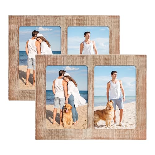 YESKAY 4x6 Picture Frame Collage Set of 2,Double Wood Photo Frames 4 x 6 with Real Glass,2-Opening 4 by 6 Photos for Wall Decor or Tabletop,Rustic Brown - color: Rustic Brown, size: 4x6-2 Opening(OD:7x10in)