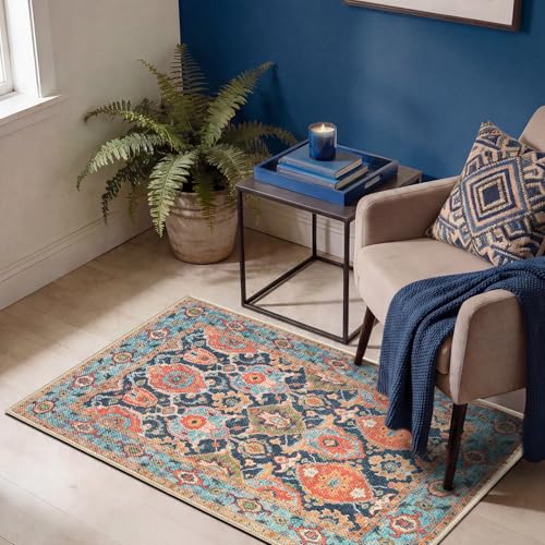 Keen Home Design Vintage Washable Entryway Rug, Non-Slip Low Pile, 2x3 | Machine Washable Cotton Chenille, 0.25In Low Pile, Rubber Non-Slip Back; Kitchen, Entryway, Bathroom, Bedside - color: Turquoise Blue / Red, size: 2' x 3' (Rectangular)