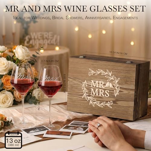 Wedding/Anniversary/Engagement/Bridal Shower and Bachelorette Gifts for Couples,Bride & Newlywed, Engraved Mr and Mrs Wine Glasses with 5-Piece Wine Accessory Kit (Wreath Design) - style: Wreath Design