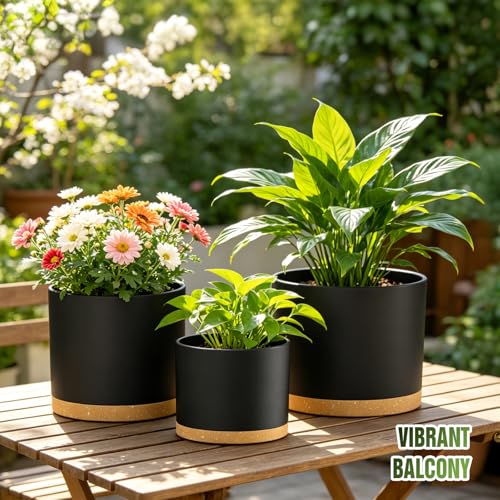 10/9/8 Inch Plant Pots 3 Pack, with Drainage Hole & Saucers | Cylindrical plastic planters with drainage holes & saucers. Modern matte finish, lightweight & durable for indoor/outdoor use - color: Matte Black&brown