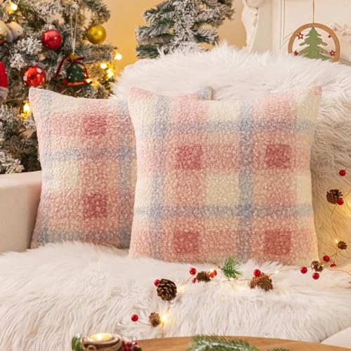 AQOTHES Pink White Plaid Christmas Throw Pillow Covers 18x18 Inch Set of 2 | Boucle Decorative Pillow Covers, Xmas Cozy Fluffy Home Farmhouse Decor, for Living Room Farmhouse Sofa Couch Bed, Pillow Case - color: Pink White, size: 18" x 18" (Pack of 2)