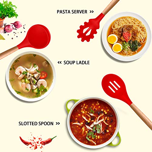 MIBOTE Silicone Cooking Kitchen Utensils Set, Wooden Handle, Red | BPA-Free, Non-Toxic Silicone Turner, Tongs, Spatula, Spoon Set – Great for Nonstick Cookware, Heat-Resistant, Easy Clean - color: Red