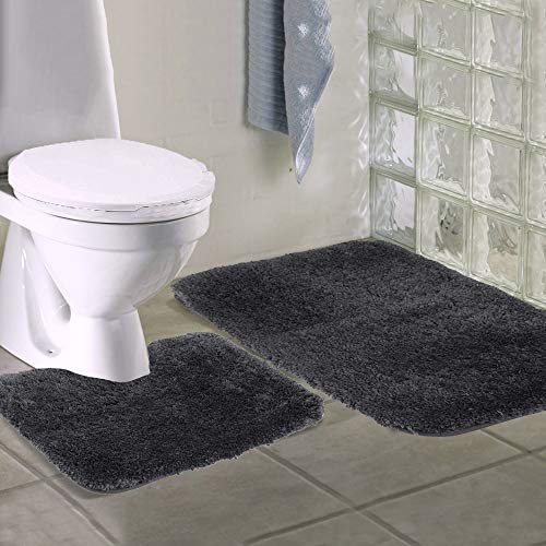 Walensee Shaggy 2 Piece Bath Rug Set - U Shape Contour Rug (20 x 24, Black) & 20 x 32 Bathroom Rug, Plush Machine Wash/Dry Bath Mats, Absorbent Non Slip - color: Black