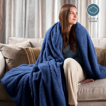 Bare Home Faux Shearling Blanket (Full/Queen, Solid Dark Blue) | Blanket for Bed, Sofa, Couch, Camping, Travel, and Gifts, Warm & Lightweight, Fluffy & Soft - color: 05 - Solid Dark Blue, size: Full/Queen
