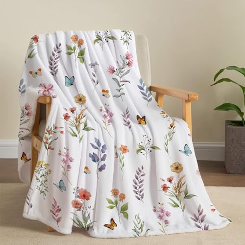 Floral Flower Throw Blanket Spring Throw Blankets Botanical Plant Flannel Fleece Throw Blankets Watercolor Butterfly Cozy Fuzzy Plush Blanket for Bed Chair Couch 50" X 60" - color: Flower, size: 50" X 60"