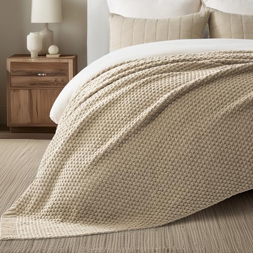 EVERGRACEHOME Chunky Chenille Knit Throw Blanket, 90 x 90, Sand Dune | Sculpted Moss Stitch, Chic Modern Farmhouse, All-Season Warmth, OEKO-TEX® Certified, Oversized Queen for Couch, Bed, Sofa - color: Sand Dune, size: 90" X 90"