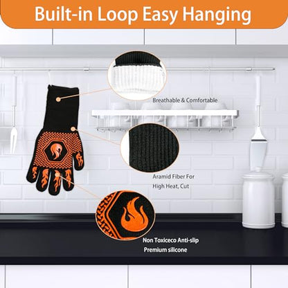 BBQ Fireproof Gloves, Grill Cut-Resistant Gloves 1472°F Heat Resistant Gloves, Non-Slip Silicone Oven Gloves, Kitchen Safe Cooking Gloves for Oven Mitts,Barbecue,Cooking, Frying,13.5 Inch-Orange | Grill Cut-Resistant 13.5in, Oven Kitchen Safe for Barbecue