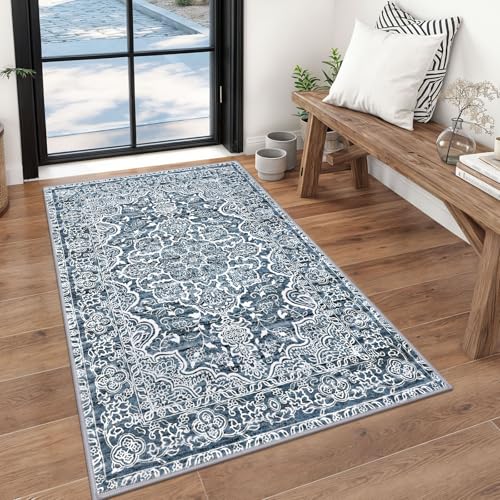 KUTA 3x5 Entryway Rug Washable Area Rugs Vintage Kitchen Rugs Blue White | Non-Slip, Non-Shedding, Low Pile, Easy Clean Throw Rug for Entrance, Front Door, Bathroom, Bedside, Laundry, Small Spaces - color: Blue Floral, size: 3' x 5' (Rectangular)