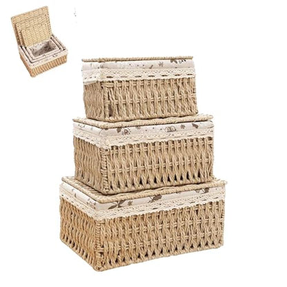 Storage Baskets with Lids, Set of 3 Wicker Baskets with Lids, Shelf Baskets Multipurpose Container, Large Wicker Basket Cube Storage Bins with Liners for Bedroom, Living Room, Bathroom