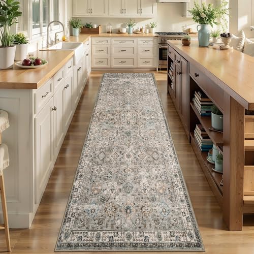 Tangsoo 2.6x12 Washable Runner Rug for Hallway Non Slip,Boho Beige Long Rug | Vintage Floral Carpet Runner for Kitchen Entryway,Distressed Grey Runner Soft Low Pile Gray Mat for Bedroom Bathroom Laundry - color: Distressed Beige Grey, size: 2'6" X 12' (Ru