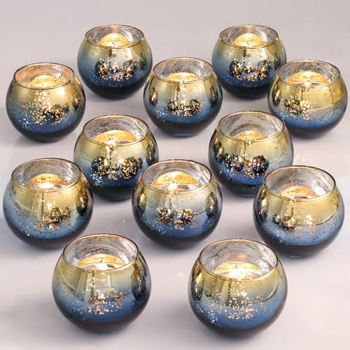 Volens Navy Votive Candle Holders Set of 12, Round Mercury Glass Votives | Tealight Candle Holder Bulk for Navy Blue and Gold Themed Party Decoration, Wedding Table Centerpiece & Home Decor - color: Navy Blue+gold, size: 2 inches