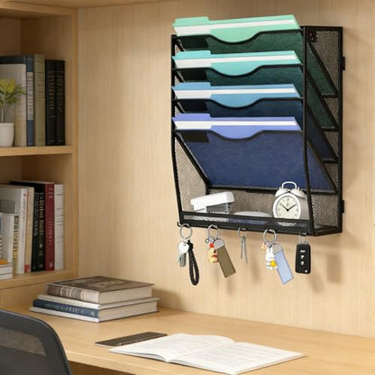Gawerk 5-Tier Hanging Wall File Organizer with 5 Hooks - Wall Mounted Mail Paper Document Folder Holder, Sturdy Mesh Magazine Rack for Office Home - size: 4+1 Tier