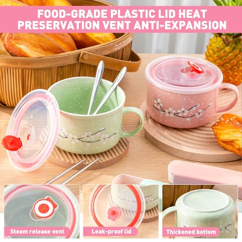 2 Pcs 30 Oz Ceramic Bowl with Lid Handle Noodle Cup,Pink, Green | Microwave Soup Bowls for Instant Meals, Cherry Blossom Design, 2 Stainless Utensils Sets with Case for Office Dorm Lunch - color: Pink, Green