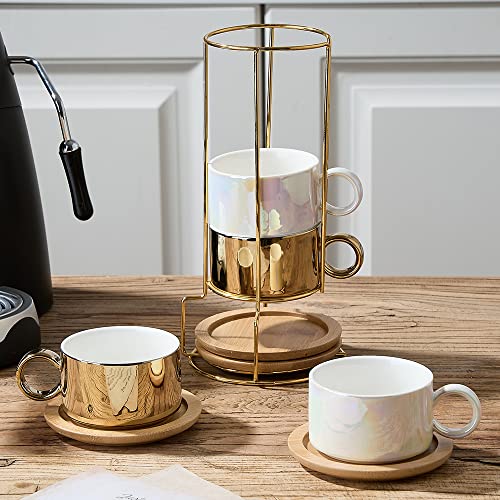 LUKA Porcelain Espresso Cup with Saucers and Metal Stand - 6 Ounce Stackable Ceramic Demitasse Espresso Mugs Cappuccino Cups Set for Latte, Coffee, Cafe Mocha, Tea - Set of 4,Shimmer Golden - color: Shimmer Golden & White