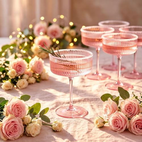 Ciaell 12 Pack Pink Plastic Martini Glasses for Bars Parties | 10 oz Pink Ribbed Coupe Cups, Heavy Duty Plastic, Cocktails Whiskey Margaritas Wine for Weddings Outdoor Gatherings Dinners - color: Pink