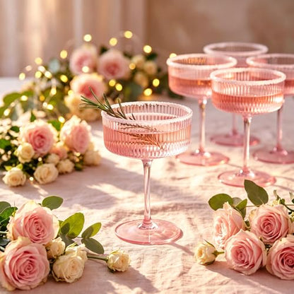 Ciaell 12 Pack Pink Plastic Martini Glasses for Bars Parties | 10 oz Pink Ribbed Coupe Cups, Heavy Duty Plastic, Cocktails Whiskey Margaritas Wine for Weddings Outdoor Gatherings Dinners - color: Pink