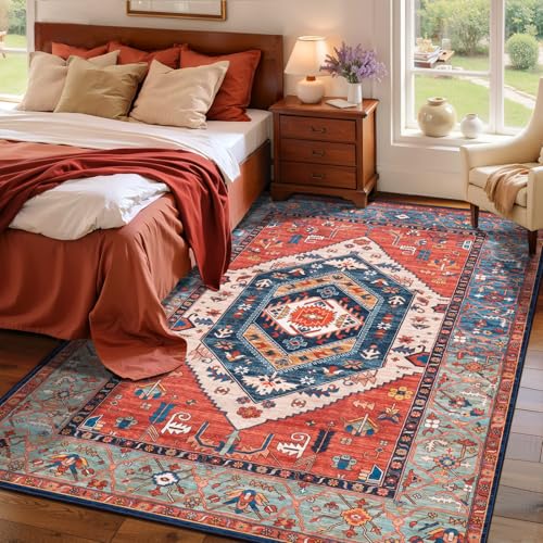 SERISSA 4x6 Washable Non Slip Boho Area Rug for Bedroom，Rust | Ultra Soft Vintage Oriental Carpet Low-Pile Tribal Throw Carpet for Entry Living Room Nursery Kitchen Dorm Decor - color: Rust/Multi, size: 4' x 6' (Rectangular)