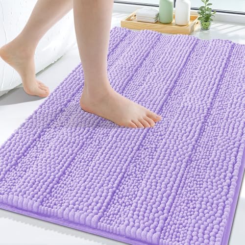 Grandaily Chenille Striped Bathroom Rugs 24x16, Extra Thick and Soft Absorbent Bath Mats, Rubber Backing, Plush Shaggy Shower Carpet, Machine Wash Dry, Bath Rug for Bathroom, Light Purple - color: Light Purple, size: 24" X 16"